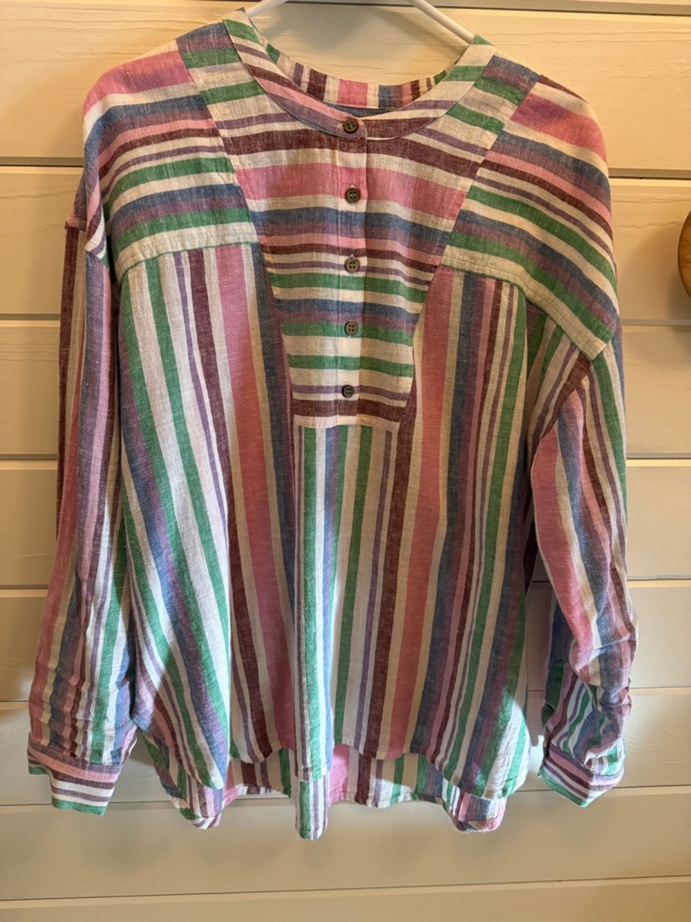 XiRENA Striped LinenTop With Wooden Button and Turquoise Thread Detail